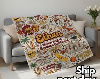 Custom College Graffiti Blanket, Personalized Doodle Dorm Throw, Graduation Gift for Students