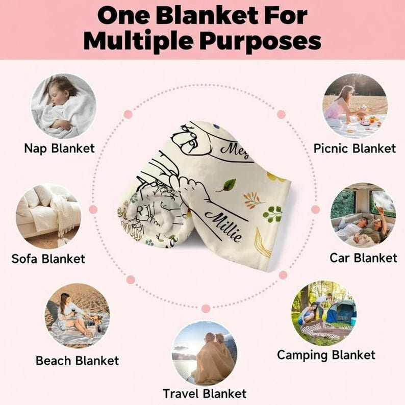 May include: A white blanket featuring a black line art illustration of hands holding each other with the names Millie and Meg printed in black script, surrounded by small colourful leaf motifs, presented with text One Blanket For Multiple Purposes.