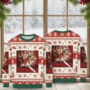 Meme Smoking Cat Xmas Sweater – Quirky Ugly Holiday Jumper, Perfect Christmas Gift for Cat Fans