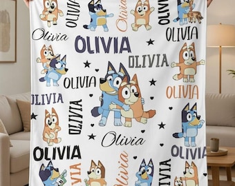 Personalized Bluey Kids Blanket, Custom Name for Boys & Girls, Cozy Baby Shower Gift, Soft Cartoon Inspired Baby Blanket