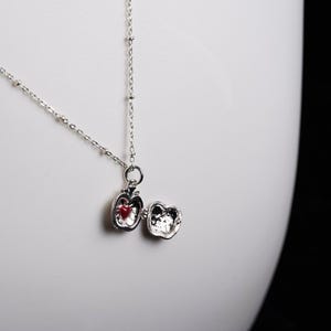 May include: A silver necklace with a pendant shaped like an apple. The apple pendant opens to reveal a red heart. The necklace is on a white background.