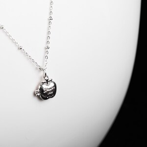 May include: A silver-toned necklace with a delicate chain and a pendant shaped like an apple. The apple pendant has the words "Believe in the Magic" engraved on it. The necklace is displayed against a white background.