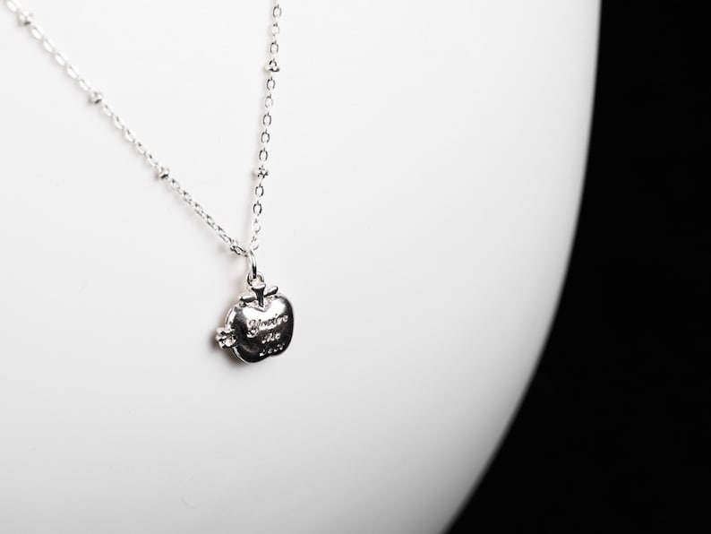 May include: A silver-toned necklace with a delicate chain and a pendant shaped like an apple. The apple pendant has the words "Believe in the Magic" engraved on it. The necklace is displayed against a white background.