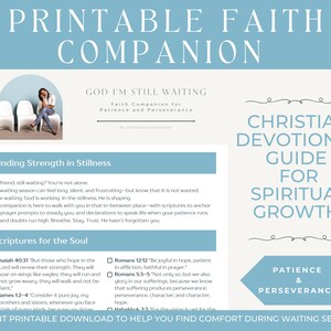 May include: A printable faith companion with the text "Printable Faith Companion" at the top. The guide includes the text "God I'm Still Waiting" and "Christian Devotional Guide for Spiritual Growth". It also features a woman sitting in a chair.