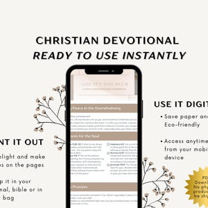 May include: A digital Christian devotional displayed on a smartphone, with text that reads "God It's Too Much." The image includes text that says "Ready to use instantly" and "Print it out." A gold star graphic indicates a PDF download.