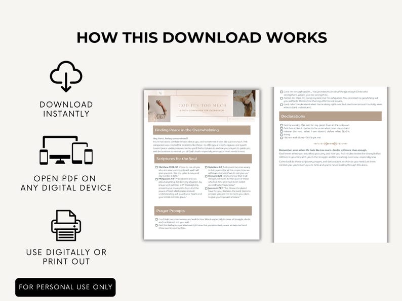 May include: A digital download guide with the title "Finding Peace in the Overwhelming." The guide includes text, graphics, and the phrases "Download Instantly," "Open PDF on Any Digital Device," and "Use Digitally or Print Out."