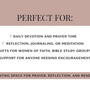 May include: A graphic with the text "PERFECT FOR:" followed by a list of uses, including daily devotion, reflection, and gifts. The bottom of the graphic reads "CREATING SPACE FOR PRAYER, REFLECTION, AND RENEWAL."