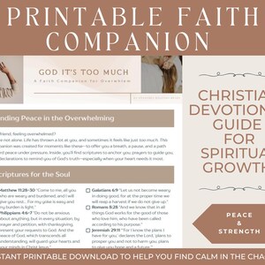 May include: A printable faith companion with the title "God It's Too Much." The Christian devotional guide offers spiritual growth, peace, and strength. The design includes text and scripture excerpts, with the phrase "Instant Printable Download" at the bottom.