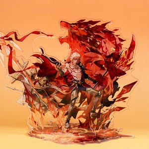 May include: An acrylic figure showcasing a character with white hair in a dynamic pose, set against a backdrop of fiery red and orange hues. The artwork portrays a battle scene with a dragon-like creature.