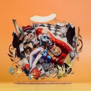 May include: Acrylic stand featuring a detailed illustration of a character in a stylized setting. The character is seated on a red sofa, surrounded by playing cards, bottles, and a checkered floor. The stand has a clear base and a vibrant orange background.