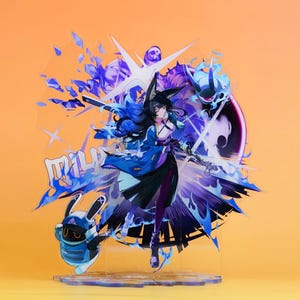 May include: A colorful acrylic stand featuring a character with black hair, a blue and black outfit, and two swords. The stand has a bunny-like creature and the word "MILU" in white. The background is orange.