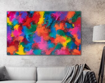 May include: Abstract painting with vibrant colors, including red, yellow, blue, green, and purple. The colors are blended and layered to create a dynamic and energetic composition.