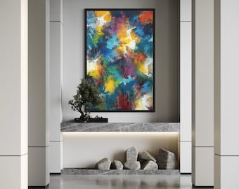 May include: A rectangular wall art piece featuring an abstract composition of vibrant colors including deep blue, bright yellow, fiery red, and white. The painting is enclosed in a thin black frame and displays energetic, textured brushstrokes throughout.