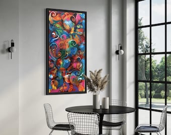 May include: A rectangular wall art piece featuring a vibrant, abstract composition of swirling shapes and patterns in shades of blue, red, orange, and yellow, enclosed within a thin black frame and mounted on a plain white wall.