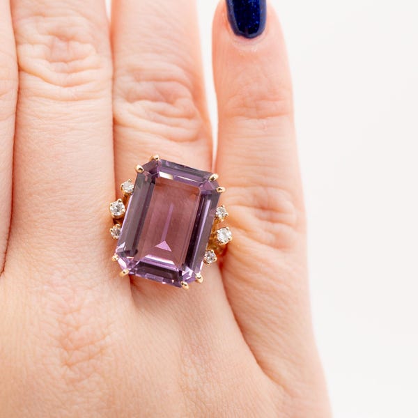Großer 14k großer Amethyst und Diamant Vintage Cocktail Ring