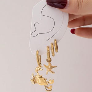 Gold Crab & Starfish Hoop Earrings Set: Coastal Beach Jewelry
