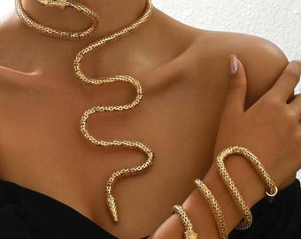 Gold Snake Necklace and Bracelet Set – Metal Wrap Punk Jewelry with Serpent Design