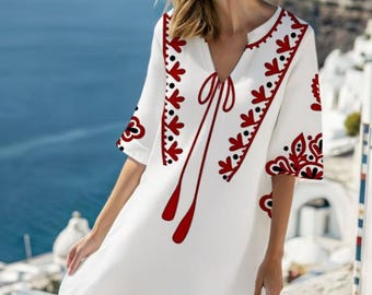 Women's White Boho Vacation Dress with Red Embroidery | Loose V-Neck Dress with Short Sleeves, Summer Cover-Up 2026
