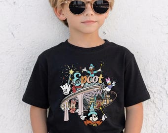 Disney Epcot Kids Shirt, Retro Character Squad Tee, Theme Park Vacation Top, Spaceship Earth Graphic, Magical Family Trip Outfit