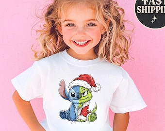 Camiseta navideña de Stitch, camiseta de Grinch, camiseta navideña de Lilo y Stitch, camiseta de Monstruo Verde, camiseta de El Malo, camiseta de Stitch con gorro de Papá Noel