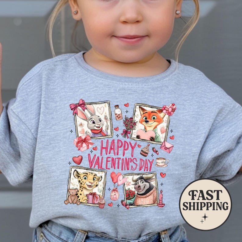 May include: A light gray sweatshirt featuring four framed cartoon characters with Valentine's Day themes. The words "HAPPY VALENTINE'S DAY" are printed in pink. A "FAST SHIPPING" graphic is on the bottom right.