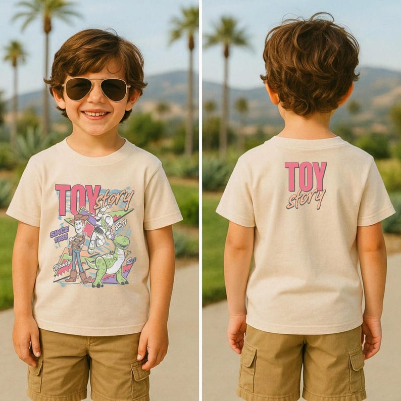 May include: A beige t-shirt featuring the text "Toy Story" in pink and teal, with cartoon characters. The shirt is worn by a child wearing sunglasses and khaki shorts. The back of the shirt also has the text "Toy Story" in pink.
