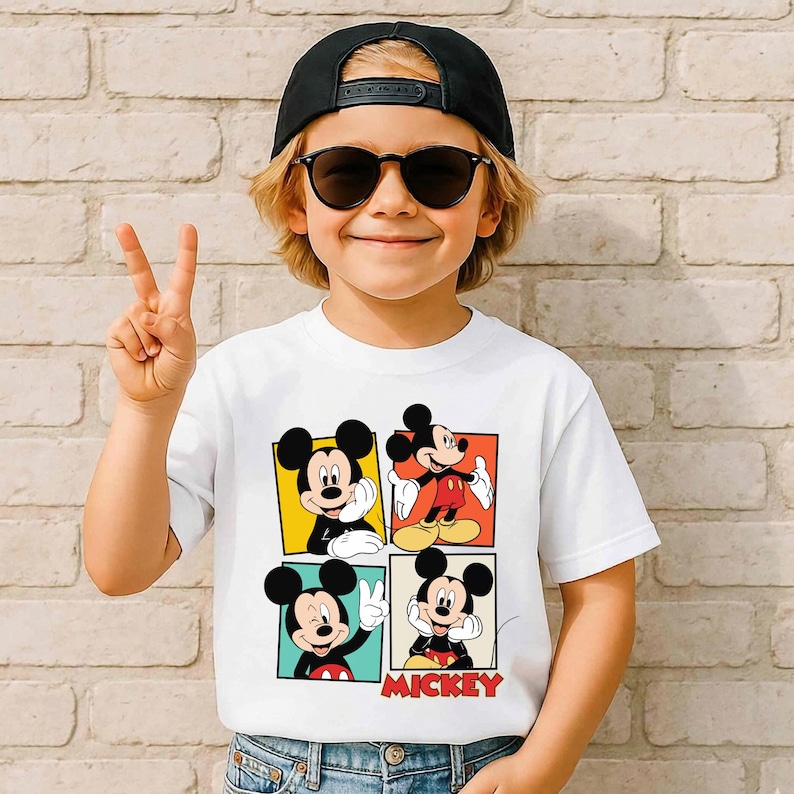 May include: White t-shirt with four panels showing Mickey Mouse illustrations. The word "Mickey" is printed in red. The shirt is worn by a person wearing a black cap and sunglasses.