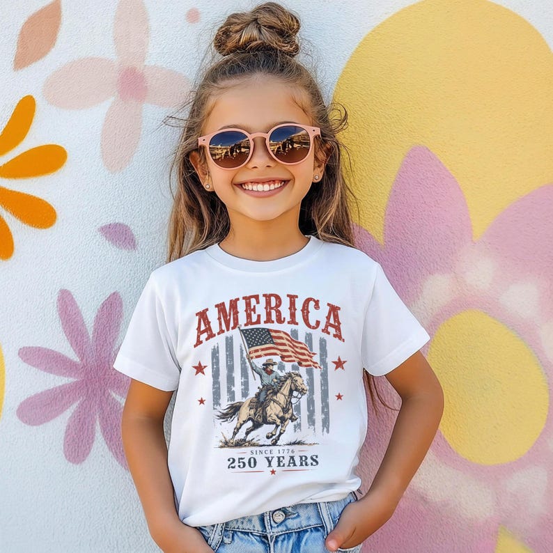 May include: A white short-sleeve t-shirt featuring a graphic print with the text AMERICA and 250 YEARS. The design includes a vintage-style illustration of a person riding a horse while holding an American flag, set against a faded striped background.