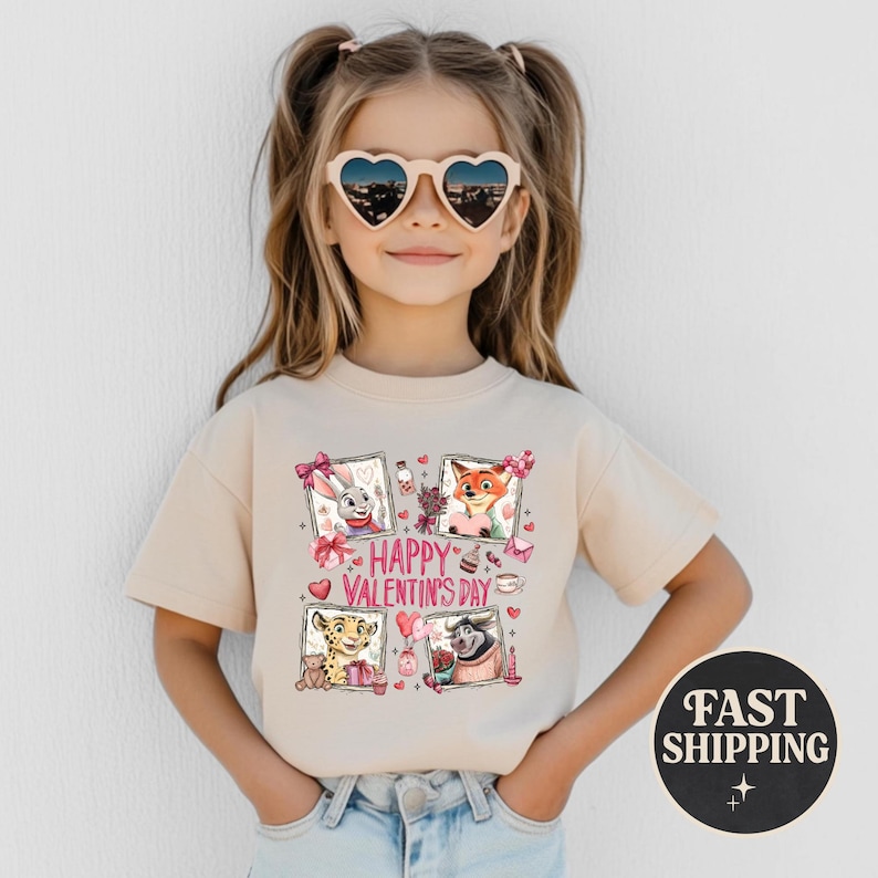 May include: A beige t-shirt featuring a Valentine's Day design with cartoon characters in frames. The shirt has the text "Happy Valentine's Day" and a graphic of a fast shipping logo.