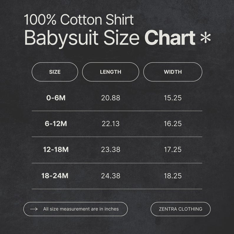 Puede incluir: Tabla de tallas para una camiseta de beb&eacute; 100% algod&oacute;n, con medidas en pulgadas. Las tallas van de 0-6M a 18-24M, con detalles de largo y ancho. Tambi&eacute;n aparece el texto "ZENTRA CLOTHING".