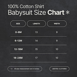 K&ouml;nnte beinhalten: Gr&ouml;&szlig;entabelle f&uuml;r ein Baby-Shirt aus 100% Baumwolle. Die Gr&ouml;&szlig;en 0-6M, 6-12M, 12-18M und 18-24M sind angegeben, mit L&auml;ngen- und Breitenma&szlig;en in Zoll. Der Text "ZENTRA CLOTHING" befindet sich unten.