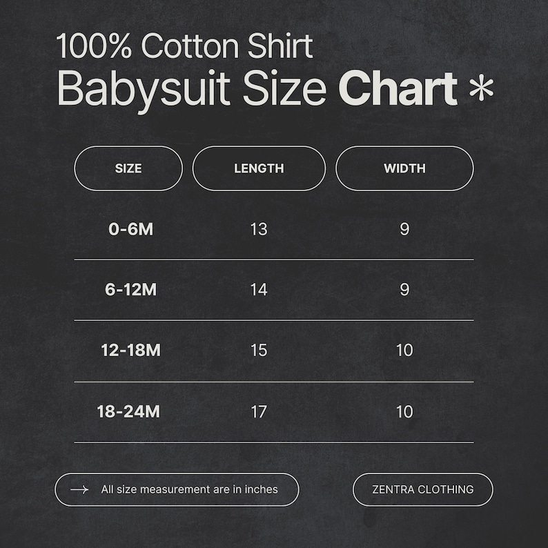 K&ouml;nnte beinhalten: Gr&ouml;&szlig;entabelle f&uuml;r ein Baby-Shirt aus 100% Baumwolle. Die Gr&ouml;&szlig;en 0-6M, 6-12M, 12-18M und 18-24M sind angegeben, mit L&auml;ngen- und Breitenma&szlig;en in Zoll. Der Text "ZENTRA CLOTHING" befindet sich unten.