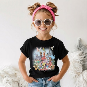 May include: Black t-shirt featuring a colorful graphic of Disney characters, including Mickey Mouse, Peter Pan, and Cinderella. The shirt has rolled-up sleeves and the text "Walt Disney World" at the bottom.