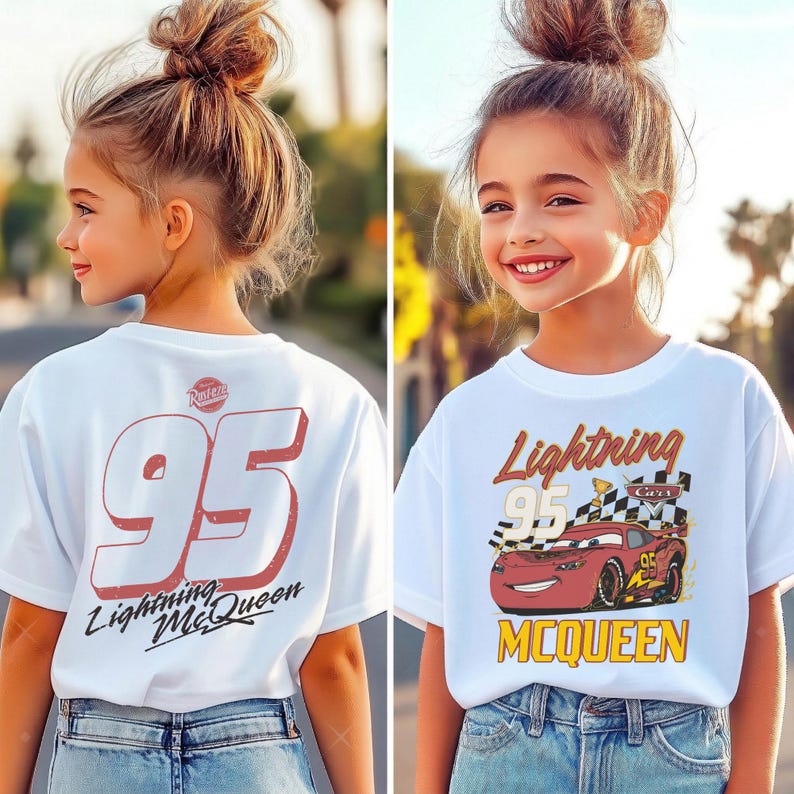 May include: White t-shirt featuring Lightning McQueen from the Cars movie. The front of the shirt displays a graphic of the character with the text "Lightning McQueen 95". The back of the shirt has the number "95" and the text "Lightning McQueen".