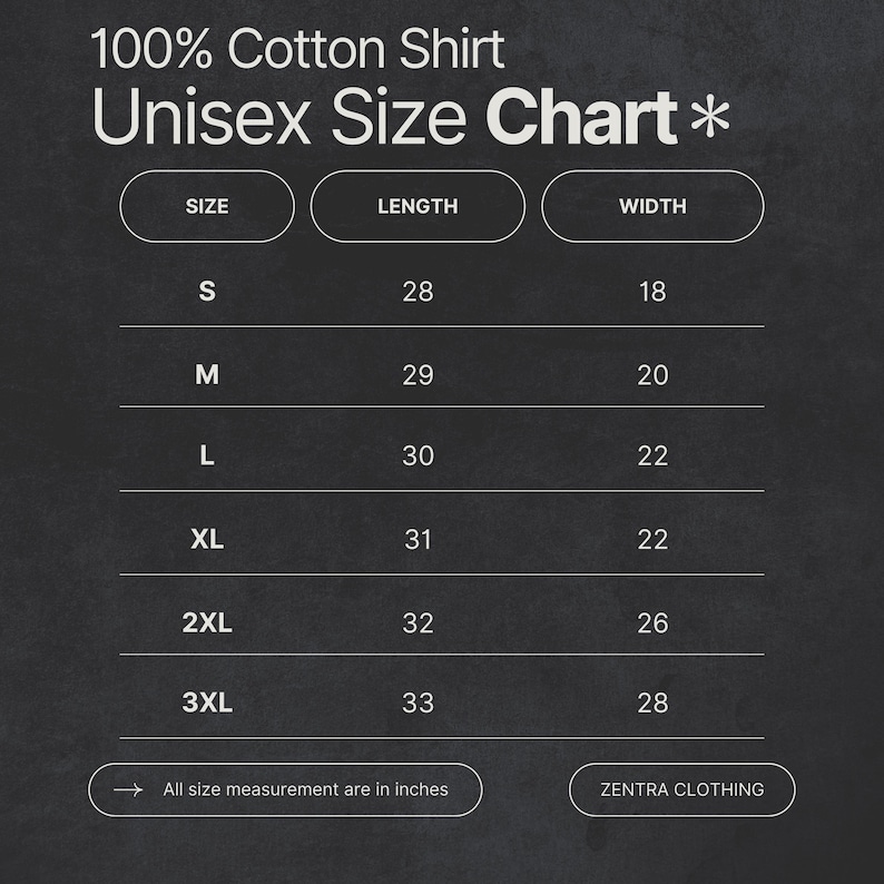 K&ouml;nnte beinhalten: Gr&ouml;&szlig;entabelle f&uuml;r ein Unisex-Shirt aus 100 % Baumwolle, mit Ma&szlig;en in Zoll. Die Gr&ouml;&szlig;en reichen von S bis 3XL, mit entsprechenden L&auml;ngen und Breiten. Der Text "ZENTRA CLOTHING" steht unten.