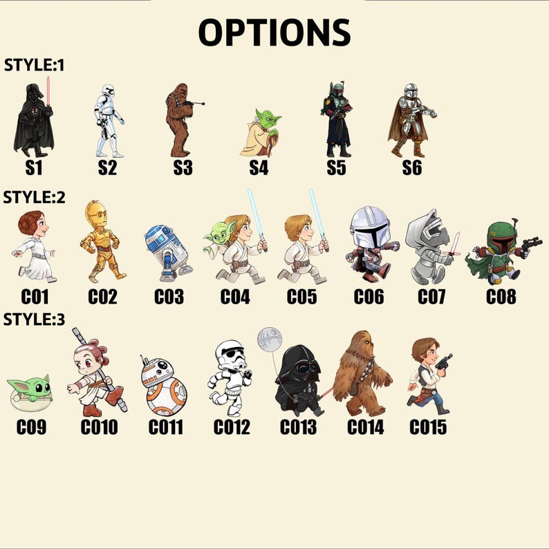May include: A collection of cartoon character illustrations from the Star Wars franchise. The image features characters like Darth Vader, Yoda, and Boba Fett, each with a unique style and number. The word "OPTIONS" is at the top.