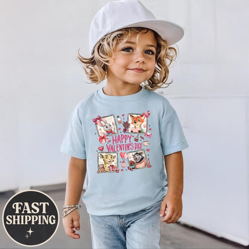 May include: A light blue t-shirt featuring four framed cartoon characters with Valentine's Day decorations. The shirt has the text "Happy Valentine's Day" in the center. The child is wearing a white cap and blue jeans.