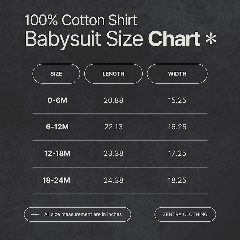 May include: A size chart for a 100% cotton baby shirt, with measurements in inches. The chart includes sizes 0-6M, 6-12M, 12-18M, and 18-24M, with corresponding length and width measurements. The text "ZENTRA CLOTHING" is also present.