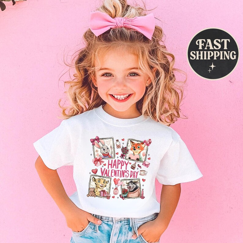 May include: A white t-shirt featuring a colorful graphic for Valentine's Day. The design includes four framed animal characters and the text "Happy Valentine's Day" in pink. The child is wearing a pink bow.