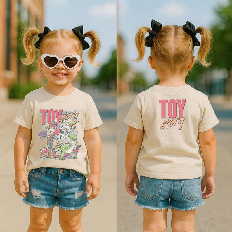 May include: A child wearing a tan t-shirt with a "Toy Story" graphic on the front and back. The front graphic features Woody, Buzz Lightyear, and Rex. The back of the shirt has the words "Toy Story" in pink.