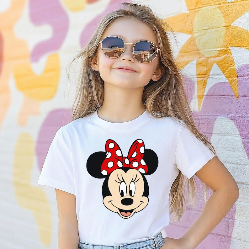 Może przedstawiać: Biała koszulka z grafiką Myszki Minnie. Grafika przedstawia twarz Myszki Minnie z czerwoną kokardą w białe grochy. Osoba na zdjęciu ma na sobie okulary przeciwsłoneczne i stoi przed kolorową ścianą.
