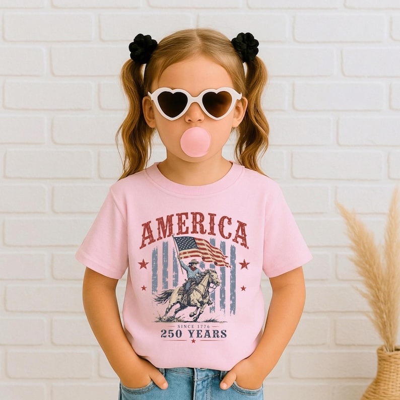 May include: A light pink short-sleeved t-shirt featuring a graphic print with the text AMERICA, a depiction of a person riding a horse while holding an American flag, and the text SINCE 1776 250 YEARS, accented by red stars and blue stripes.
