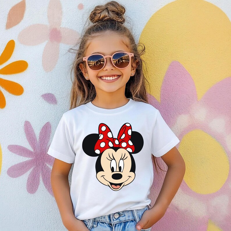 Może przedstawiać: Biała koszulka z grafiką Myszki Minnie. Grafika przedstawia twarz Myszki Minnie, czarne uszy i czerwoną kokardę w białe grochy. Koszulka jest noszona przez osobę noszącą r&oacute;żowe okulary przeciwsłoneczne.