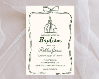 Hand Drawn Classic Green Baptism Invitation | Editable Party Template | Instant Download
