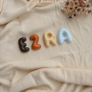 May include: Four individual letters spelling the name EZRA, each with a smooth, rounded, bubble-like shape. The letter E is dark brown, Z is burnt orange, R is cream, and A is light blue. The text THE MILESTONE MARKET CO is visible above.