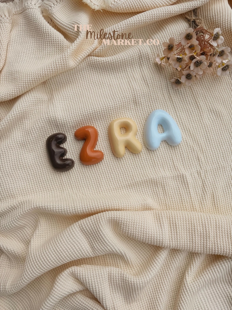 May include: Four individual letters spelling the name EZRA, each with a smooth, rounded, bubble-like shape. The letter E is dark brown, Z is burnt orange, R is cream, and A is light blue. The text THE MILESTONE MARKET CO is visible above.