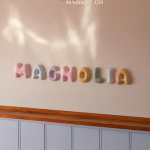 May include: A set of individual, rounded, three-dimensional letters spelling the word MAGNOLIA in various pastel colours including pink, blue, purple, yellow, and green. The text THE MILESTONE MARKET.CO is printed in white above the letters.