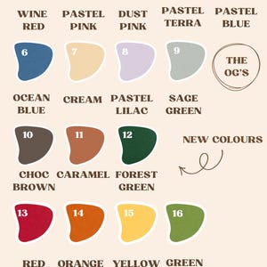 May include: A colour chart titled The Milestone Market.co featuring nineteen numbered, irregular shapes in various hues including wine red, pastel pink, dust pink, pastel terra, pastel blue, ocean blue, cream, pastel lilac, sage green, choc brown, caramel, forest green, red, orange, yellow, green, sky blue, purple, and pink.