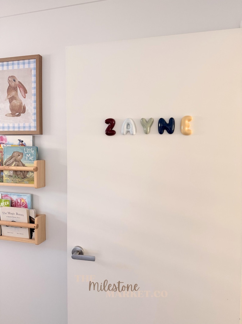 May include: A set of five individual, glossy, rounded, three-dimensional letters spelling the name ZAYNE, mounted on a white door. Each letter features a distinct solid colour: dark red, white, sage green, navy blue, and light yellow.