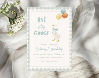 One Silly Goose Sage Birthday Invitation | Editable Party Template | Instant Download